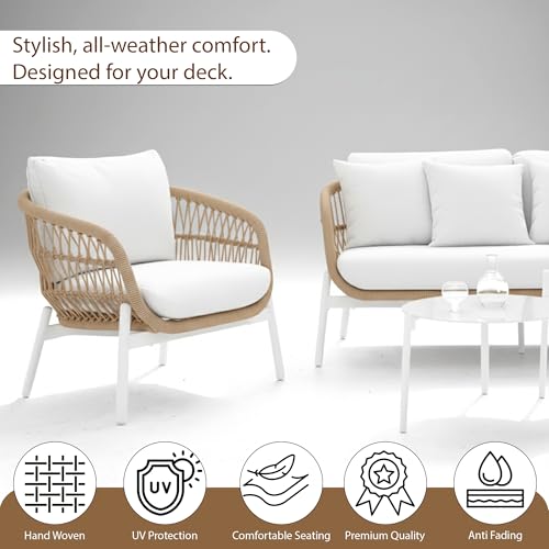 Image of BRISHI Outdoor 4 Seater Sofa Set | Balcony Sofa | Patio Furniture Sets | Conversation Sets | Braid & Rope Garden Sofa Set (Beige), 220 cm, 70 cm
