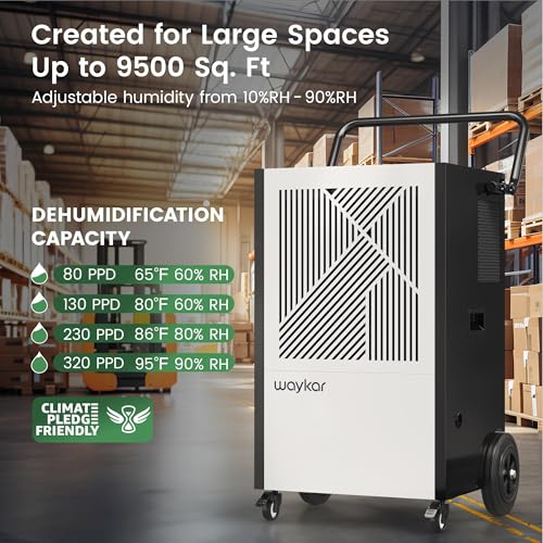 Image of Waykar 320 Pints Large Commercial Dehumidifier for up to 9,500 Sq. Ft., with Pump, Drain Hose, Industrial Heavy Duty Dehumidifiers for Basements, Warehouses, Water Damage Restoration - 5-Year Warranty