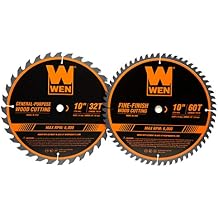 Wen BL1032-2 10-Inch 32-Tooth and 60-Tooth Carbide-Tipped Professional Woodworking Saw Blade Set, Two Pack