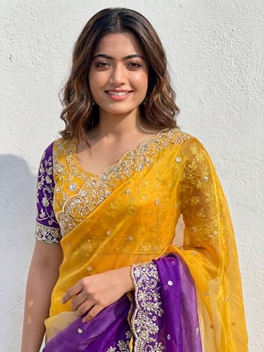 Image of Amazon Brand - Tavasya Fancy Fendy Satin Silk Saree with Multi Sequence Embroidery Work | Heavy Embroidered Wedding Party look Saree with Running Blouse Piece