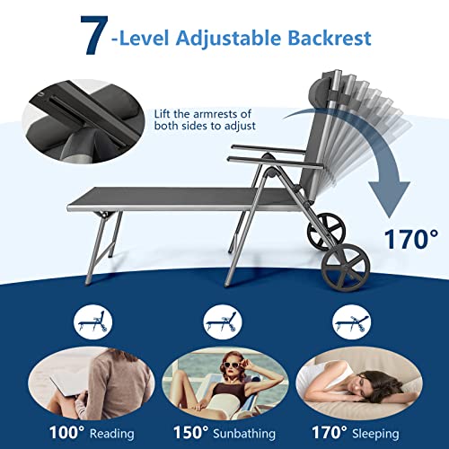 Giantex Chaise Lounge Outdoor Chair- Patio Folding Lounge Chair With Wheels, 7 Adjustable Level, Heavy-Duty Aluminum Frame, Headrest Pillow, Recliner For Sunbathing, Backyard, Poolside (1, Black) #TOP4