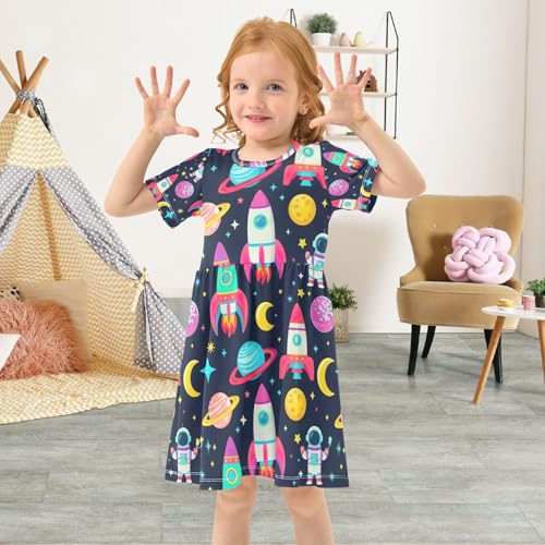 Colorful Rockets Toddler Girls Dress Short Sleeve Summer Playwear Sundress for Kids 2T-8T4