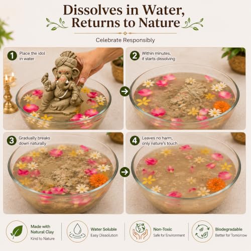 Image of Clay Ganesh Idol, 4 Inches Height, Water Soluble Ganpati Murti for Ganpati Visarjan (Small) (Natural Brown - Pagri Ganesha)