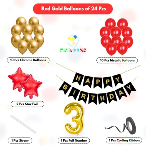 Image of Flyloons 3rd Happy Birthday Decoration Kit Red Gold for Baby Boys Girls Kids Twins With 20 Pcs Chrome Balloons Birthday Banner 2 Pcs Star Items Set