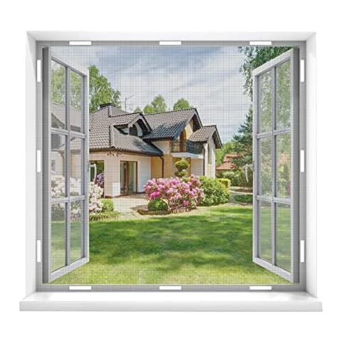 DIY Fly Screen for Windows, 59” x 59” Magnetic Window Screen Mosquito Net with 14 Magnetic Strips,Cut to Size Easy Installation Keep Bugs/Flys/Mosquitoes Out Cover