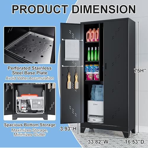 Image of 75 inch Heavy-Duty Metal Storage Cabinet with Lock - Wide & Deep Steel Tool Locker for Garage, Basement, Home Office - Outdoor /Indoor Pantry Organizer Cabinet