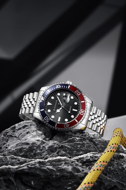 Image of GIORDANO Analog Quartz Watch for Men - Round Dial with Rotating Bezel, Luminous Hour Markers, Stainless Steel Strap & Date Display
