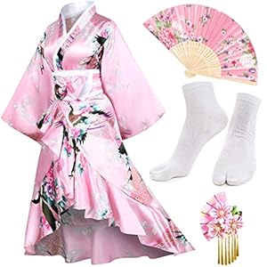 Elibelle Women’s Kimono Robe Geisha Yukata Sweet Tuxedo Ruffle Dress Blossom Satin Bathrobe Sleepwear Fans Tabi Socks set