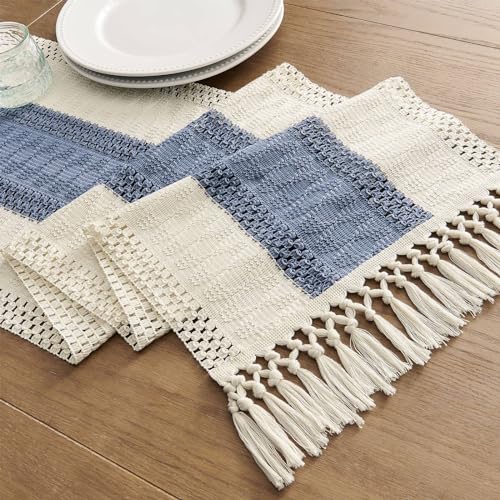 Image of ZeeMart Macrame Style Bicolor Stitching Table Runner, 14 x 48 Inch Blue /Ivory, Boho Blue Table Runners 48 Inches Long, Farmhouse Woven Home Decor