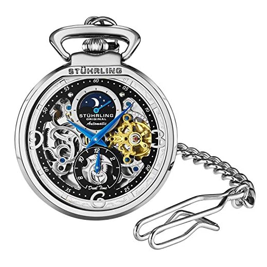 Stuhrling Orignal Mens Pocket Watch Automatic Watch Skeleton Watches for Men- Mechanical Watch with and Stainless Steel Chain -Dual Time AM/PM Sun Moon Subdial