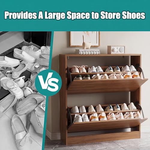 Image of Xixini Shoe Storage Cabinet for Entryway with 2 Flip Drawers, Wood Freestanding Hidden Shoe Storage, Narrow Slim Sturdy Shoe Organizer for Front Door Entrance, Living Room, Hallway, Bedroom, Walnut