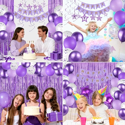 Image of Purple Happy Birthday Decorations Kit, Purple Confetti Balloons Birthday Party Supplies for Women Girls Boys, Happy Birthday Banner, Hanging Star Cutouts, Fringe Curtains, Cupcake Toppers, Crown