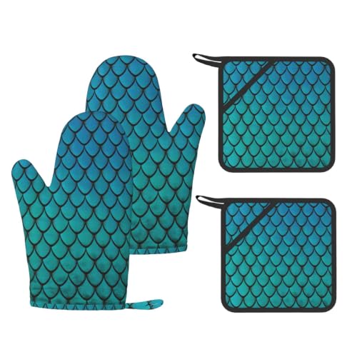 Ensemble de four anti-chaleur lavable motif écailles de poisson bleu cuisine - 2