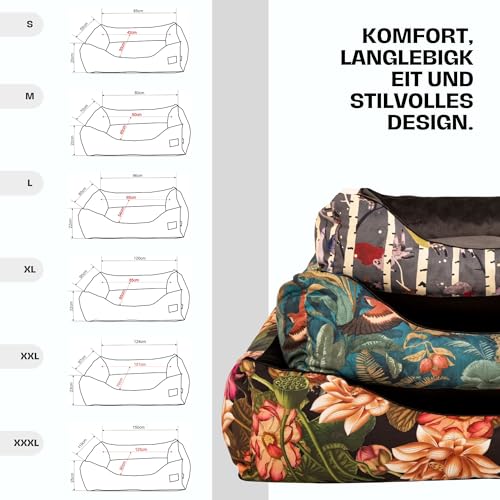Golden Dog Hundebett Hundekorb Waschbarer Hundekorb Flauschige Hundematratze mit erhöhten Rändern Weiches Hundesofa, Katzen Samt „Square Kinia“ (Vögel, XL)