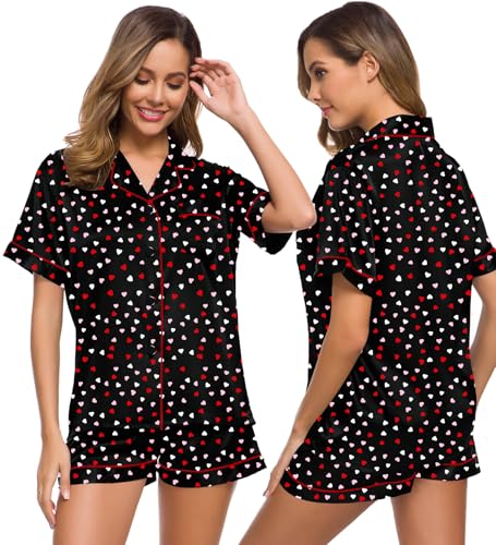 Image of SWOMOG Womens Silk Satin Pajamas Set Short Sleeve Sleepwear Button Down Top and Shorts Loungewear 2 Piece Pjs Set XS-3XL Heart Collage XX-Large