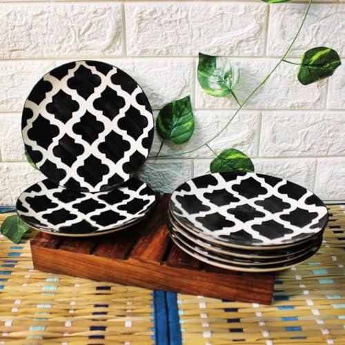 Image of Charcoal Black Ceramic Round Plates - Set of 4 (8.07 inch) | Microwave, Oven & Dishwasher Safe | Perfect for Dessert, Salad & Small Meals | Elegant Porcelain Dish | Ideal for Gifting