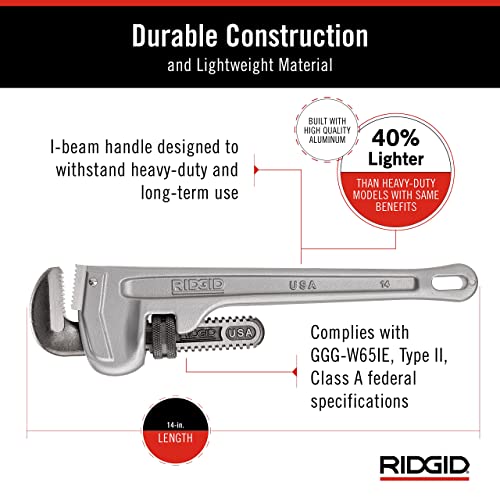 Image of RIDGID 31095 Model 814 Aluminum Straight 14 inch Plumbing Pipe Wrench, Silver, Made in the USA (Pack of 6)