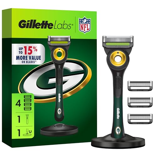 Gillette Labs Special NFL Packers Edition Shaving Razor for Men - 1 Handle 4 Razor Blade Refills & Magnetic Stand GilletteLabs with Exfoliating Bar