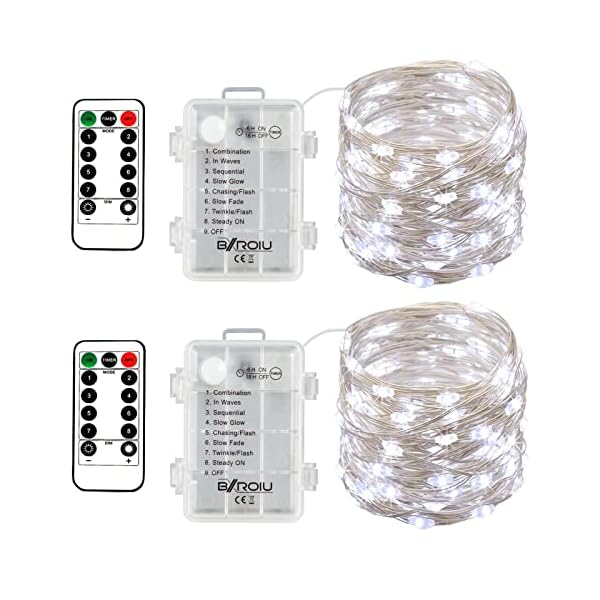 Bxroiu 2 x fairy lights battery operated, silver wire chains 8 mode 5m 50 leds timer string lights with remote control for bedroom christmas party wedding decoration