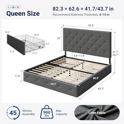 Image of Allewie Upholstered Queen Size Platform Bed Frame with 4 Storage Drawers and Headboard, Diamond Stitched Button Tufted Mattress Foundation with Wooden Slats Support, Light Grey