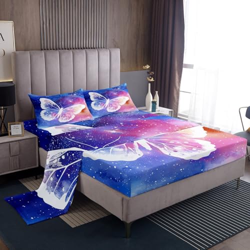 Image of White Butterfly Bed Sheet Set Kids Watercolor Galaxy Sheets Set 4pc Butterfly Wings Microfiber Soft Bedding Set,1 Flat Sheet,1 Deep Pocket Fitted Sheet,2 Pillow Cases(Queen Size)