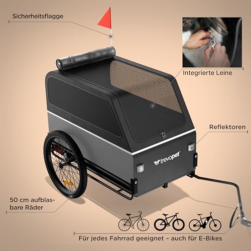 Trevopet® Hundeanhänger für Fahrrad XL – Faltbarer Hundefahrradanhänger mit Rampe, Federung & Kupplung – Fahrradanhänger Hunde bis 45 kg – Wasserdicht – Kompatibel mit E-Bikes – Grau