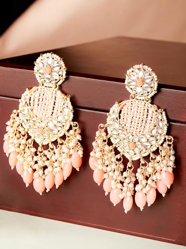 Image of Rubans Chandbali Earrings Kundan Pearl Beads Traditional Wedding Jewellery for Women & Girls