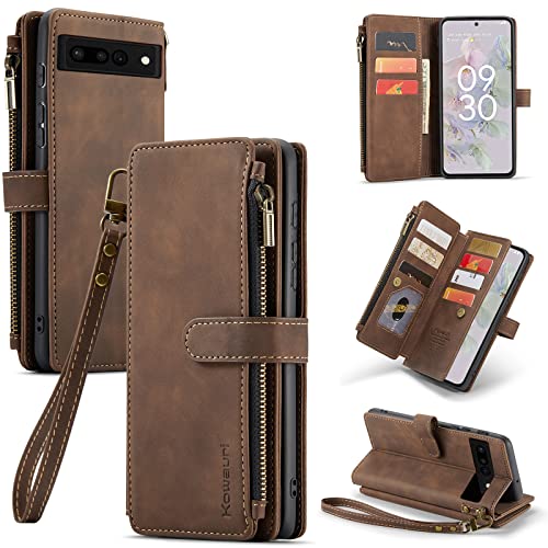 Kowauri Case For Google Pixel 7 Pro,Pu Leather Wallet Folio Flip Case Zipper Pocket Card Holder Slots Shockproof Protective Phone Case With Wrist Strap For Google Pixel 7 Pro 2022 (Coffee) #TOP6