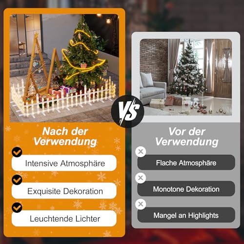 XMTECH LED Weihnachtsbaum Zaun 2,8 m, 8 Stück dekorativer Lattenzaun mit 8 Lichtmodi, warmweiße Beleuchtung, IP44 wasserdicht, flexibler Zaun für Haustiere, Garten, Wohnzimmer, Weihnachtsdekoration