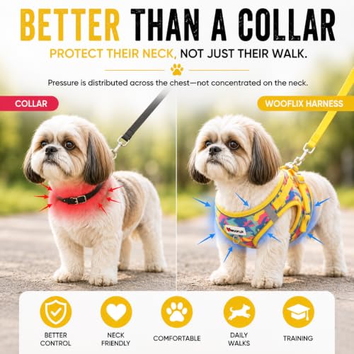 Image of Wooflix Reflective No Pull Dog Harness with Leash for Puppies, Small & Medium Breed Dogs, Adjustable Soft Breathable Padded Mesh Pet Harness Vest, Yellow | Extra Large (7 kg - 10 kg Dogs & Cats)