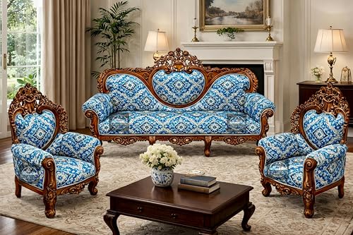 Image of Royal Carved Wooden Sofa Set | 3+1+1 Seater | Antique with Button Tufted Velvet Upholstery | Victorian Style Living Room Furniture Tufted Sofa Set Grey 3-Piece (Design 9)
