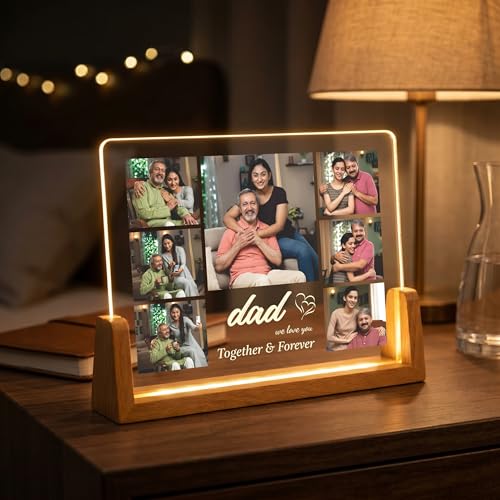 Image of Giftplease Customized Acrylic Photo Frame with LED Light Base | Personalized 7-Photo Collage | Custom Text Night Light | Ideal Birthday, Anniversary, Father, Parents, Family