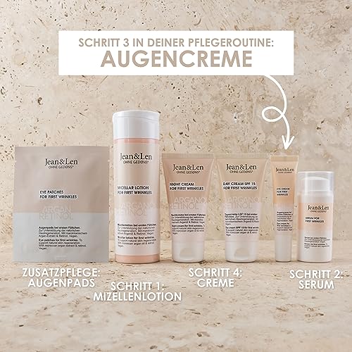 Jean & Len Regenerierende Augencreme Arganöl & Retinol, bei ersten Fältchen, schützt vor ersten Zeichen der Hautalterung, kräftigt die empfindliche Augenpartie, ohne Parabene & Silikone, vegan, 15 ml
