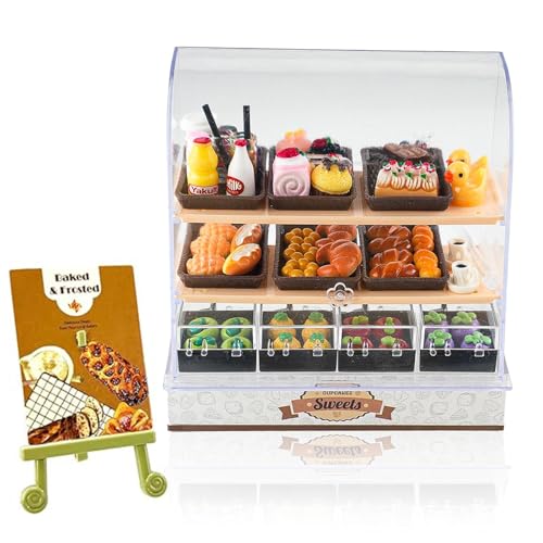 86 Pieces Miniature Bakery Case Cake Stand Display Cabinet with Food Set Mini Plastic Counter Dessert Donuts for 1:12 Doll House Store Scene Decoration Gift Dollhouse Bread Shop Model Playhouse
