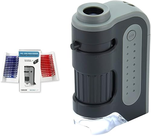Miniatura 8 de Carson MicroFlip - Microscopio de bolsillo con luz LED y UV de 100 x 250 x con base deslizante abatible y clip de digitcopio para smartphone