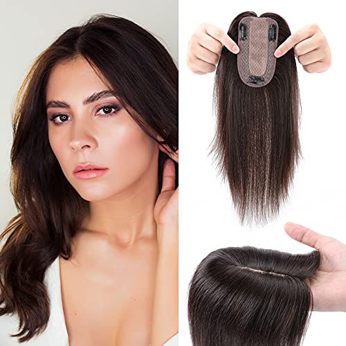 Silk-co Toupet Capelli Donna Veri Clip Extension 7x13cm #2 Marrone Scuro Remy Human Hair Topper Capelli Umani Brasiliani 35 cm (44 g)