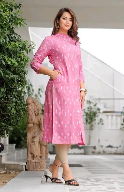 Image of Women's Printed Straight Kurti, 3 /4 Sleeves, Button-Down Front, Side Slits with Pockets