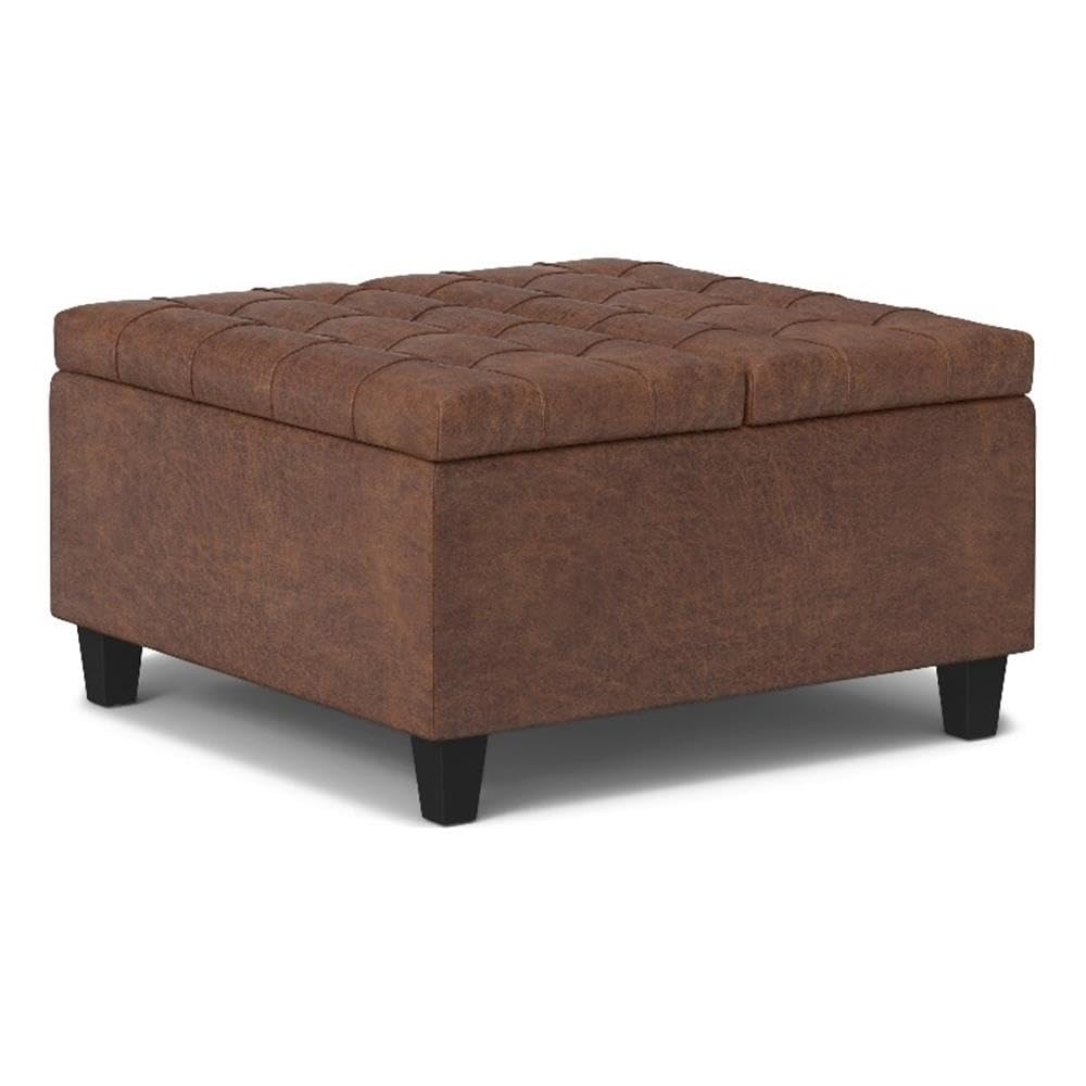 SIMPLIHOME Harrison - Mesa auxiliar cuadrada de transición pequeña de 76 cm de ancho, otomana de almacenamiento en silla de montar envejecida, piel sintética vegana, montada, para sala de estar y