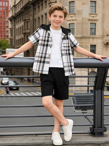 Image of Boys Clothes Shorts Sets Plaid Short Sleeve Hooded Button Shirt and Jogger Shorts for Kids Summer Outfits