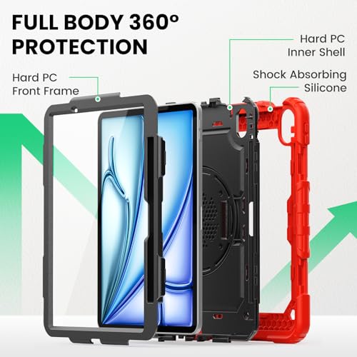 Image of SEYMAC Case for iPad Air 11 Inch M4 / M3 / M2 (2026 /2025 / 2024), Heavy Duty Shockproof Protective Case with Screen Protector, 360 Rotating Stand and Hand /Shoulder Strap, Red