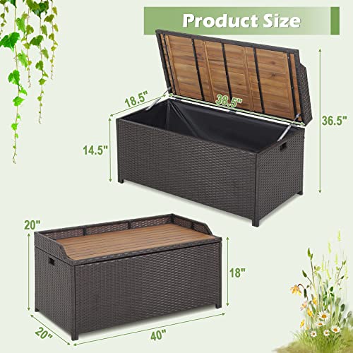 Tangkula-45-Gallon-Outdoor-Storage-Bench-Mix-Brown-Rattan-Storage-Container-with-Zippered-Liner-Acacia-Wood-Top-Lid-Sturdy-Gas-Strut-Support-3-in-1-Multifunctional-Deck-Box-for-Front-Porch-Garden Tangkula 45 Gallon Outdoor Storage Bench Mix Brown Rattan Storage Container with Zippered Liner Acacia Wood Top Lid Sturdy Gas Strut Support 3 in 1 Multifunctional Deck Box for Front Porch Garden