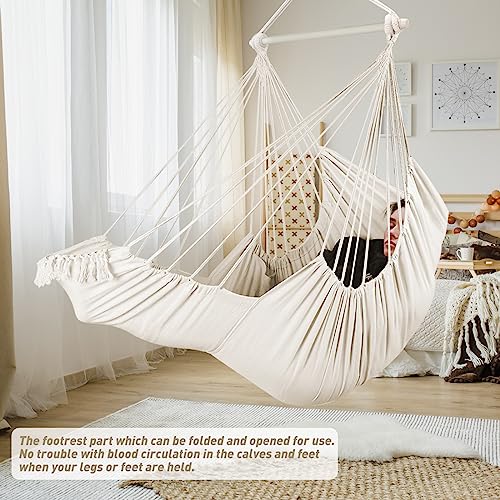 Chihee Hammock Chair Hanging Swing Cushions Suspension Strap Carabiner Included,Foot Rest Support Calf Foot Durable Metal Spreader Bar Soft Cotton Woven Hanging Chair Side Pocket Large Tassel Chair #TOP5