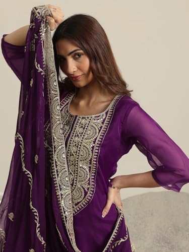 Image of Libas Burgundy Yoke Design Organza Straight Kurta set for Women | daily wear suit