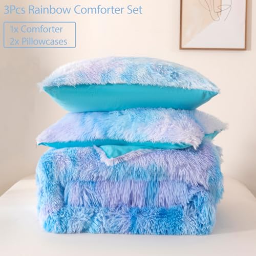 Image of Faux Fur Fluffy Comforter Set Queen Size 3 Pieces Blue Rainbow Bedding Set for Girls Tie Dye Furry Fuzzy Bed Comforter with Pillowcases(Blue, Queen)