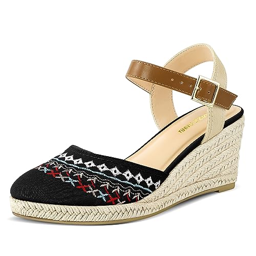 Image of PIZZ ANNU Women's Espadrille Low Wedge Heel Sandals with Buckle Ankle Strap Close Toe Casual Dressy Summer Platform Shoes