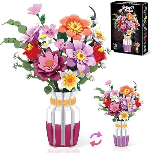 Dual-Tone Vase Flowers Bouquet Building Set, Artificial Flowers for Adults & Women & Home Decor Living Room, Comptatible with Lego Flower Bouquet Botanicals Collection, 1278 PCS