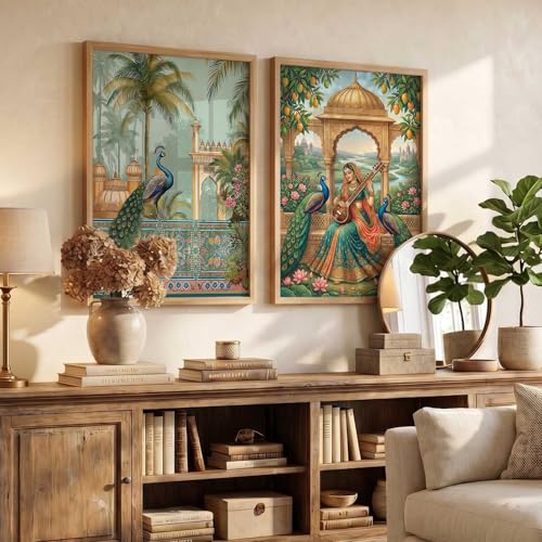 Image of kotart Decorative Traditional Wall Art Home Decor Madhubani Painting poster With Frame For Living Room Bed Room Hotel Wall Decor Digital Reprint Set of 2 (14 X 20 INCH)