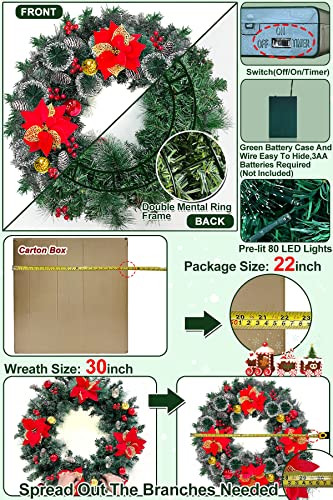 30 Inch Super Large Snowy Prelit Christmas Wreath For Front Door Timer 80 Warm Lights Dual Frame 4 Poinsettia 8 Balls 220 Branch 12 Pinecone 60 Red Berries Battery Operated Christmas Decoration Home #TOP6