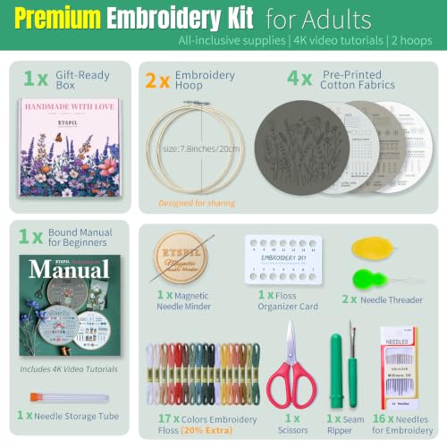 Image of ETSPIL Embroidery Kit for Adults, 2 Hoops, 4K Slow-Mo, Pre-Printed Patterns | Stitch Together. 17 Vibrant Floss, Bound Guide. Needle Minder, Storage Tube, All Tools. No Washing. Relaxing Craft for Women