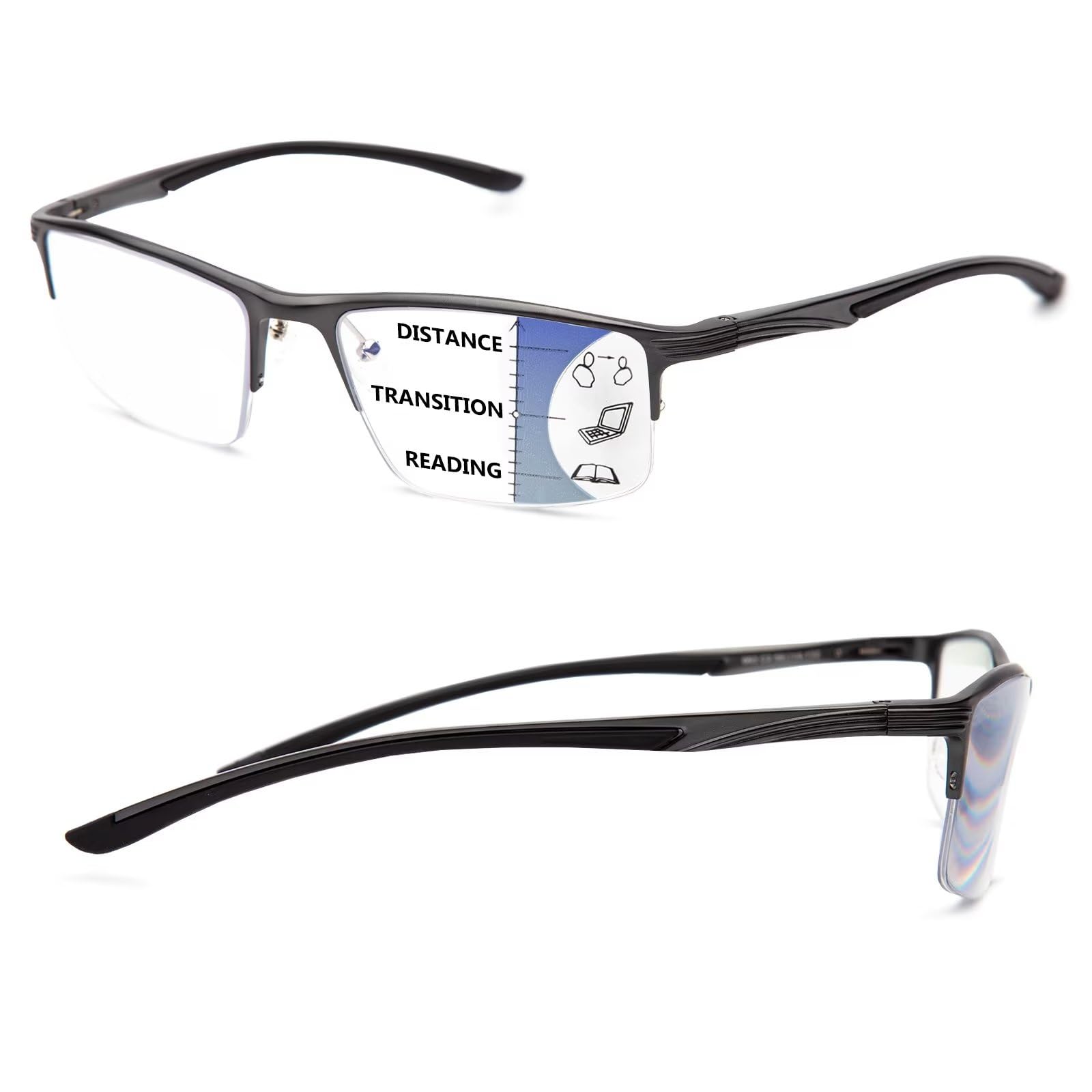 LianSanHalf-Rim Progressive Multifocus Reading Glasses for Men Aluminum  Blue Light Blocking Multifocal Computer Readers